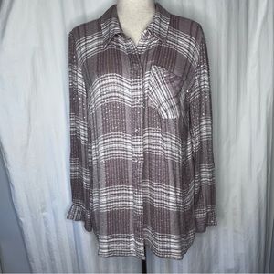 Style Co Sparkling Beige Plaid Top Sequins With Roll Tab Long Sleeves Size Large